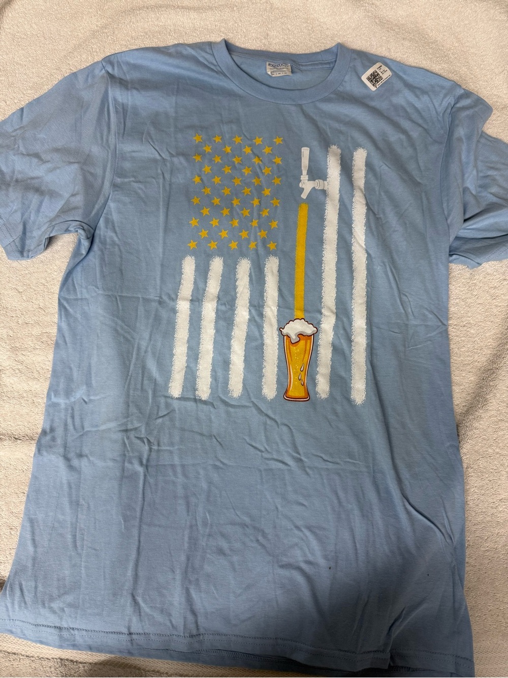 Light Blue Graphic Short Sleeve Tee with Beer Flag Design